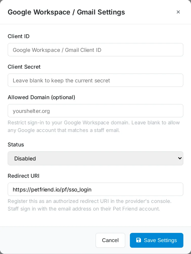 The Google Workspace settings panel in Pet Friend showing Client ID, Client Secret, Allowed Domain, Status, and Redirect URI fields