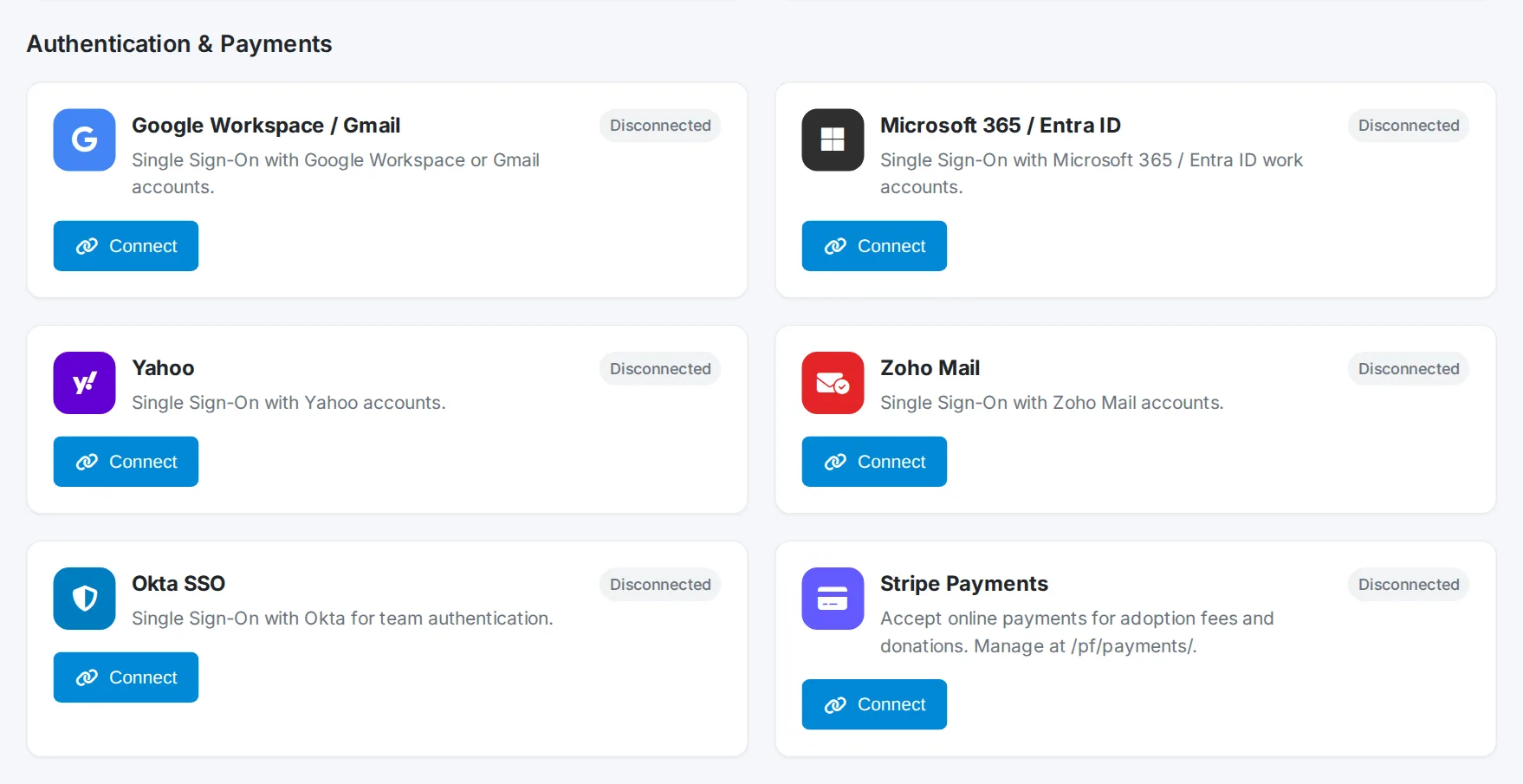 The Pet Friend Integrations page showing Google Workspace, Microsoft 365, Yahoo, Zoho Mail, and Okta single sign-on cards