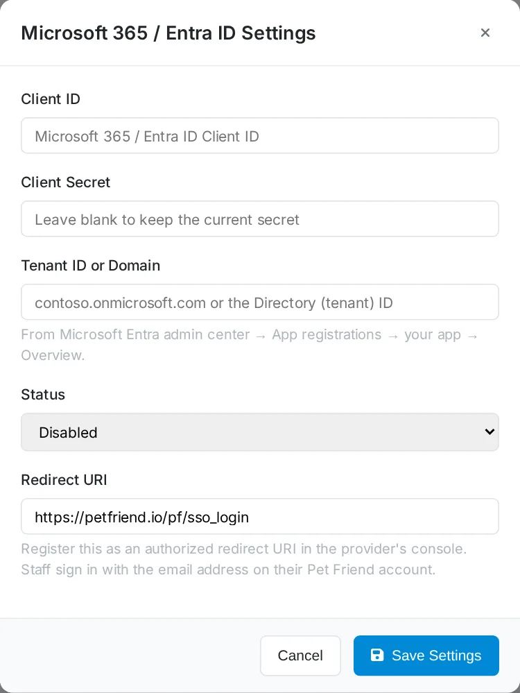 The Microsoft 365 settings panel in Pet Friend showing a Tenant ID or Domain field