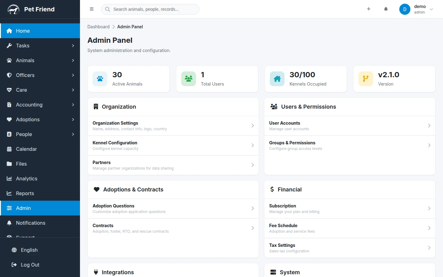 Admin Panel with organization settings, user management, adoption contracts, and integrations