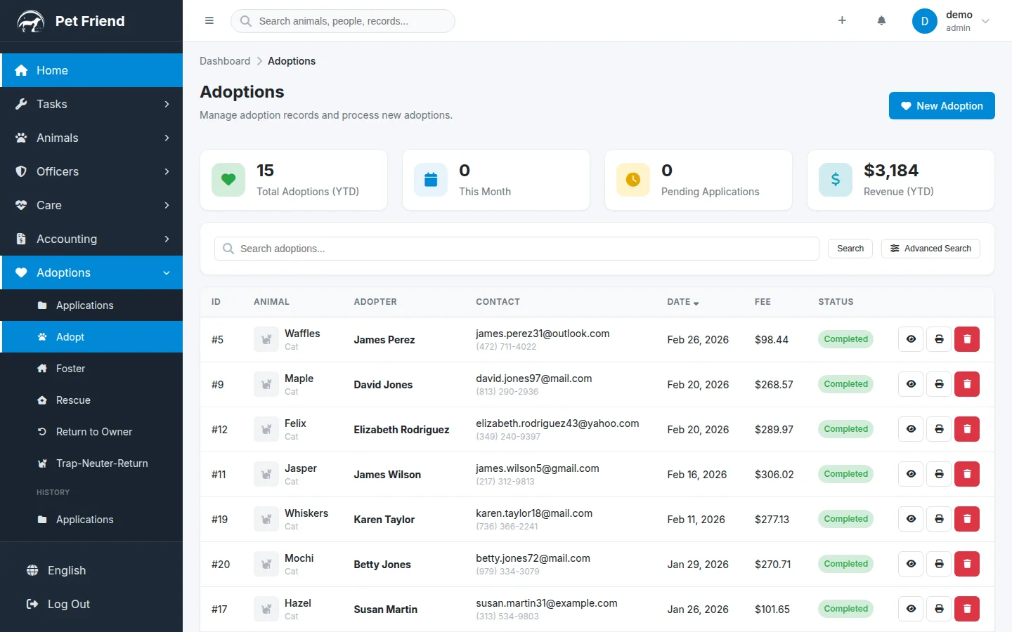 Adoptions page with stats, search, and adoption records table showing status and fees