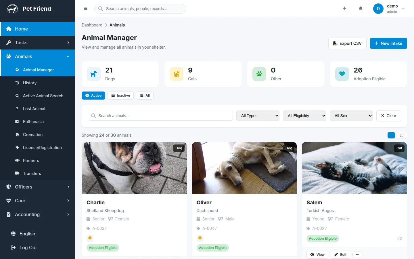 Animal Manager with photo cards, filters, and stat cards for dogs, cats, and adoption-eligible animals