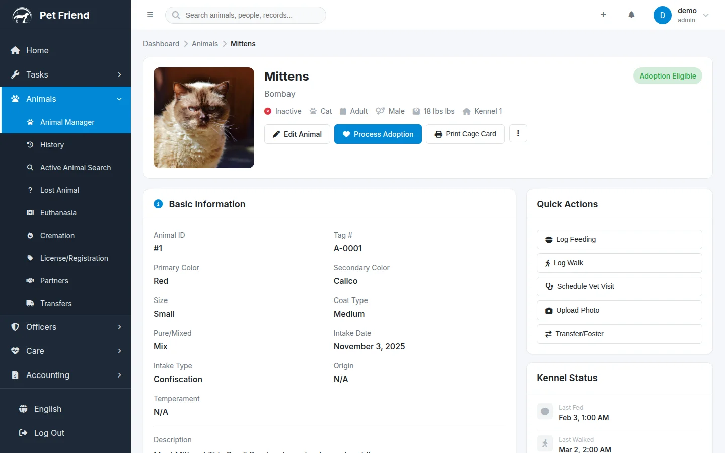 Animal profile page showing photo, details, kennel status, and quick action buttons