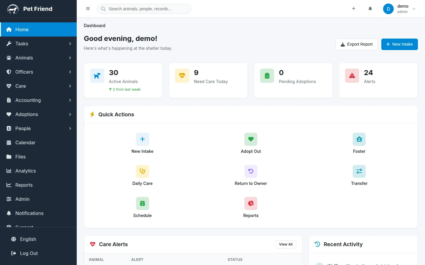 Pet Friend v2 Dashboard showing stats, quick actions, care alerts, and recent activity
