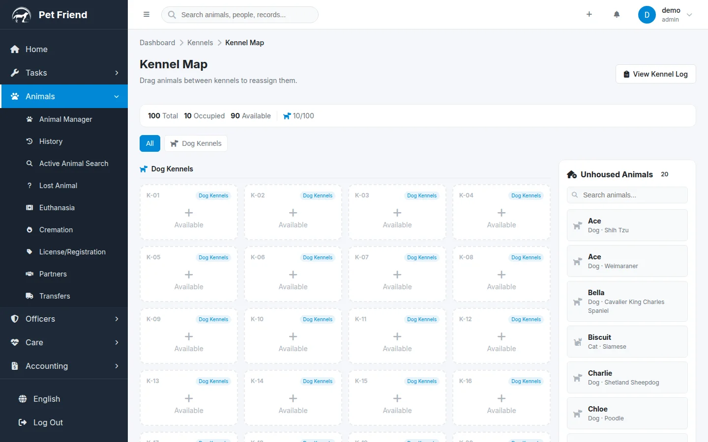 Kennel Map showing grid of kennels with occupancy status and unhoused animals sidebar
