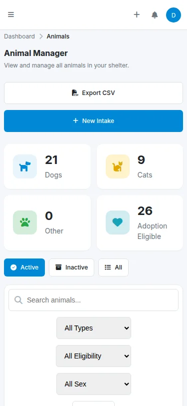 Mobile animal list view
