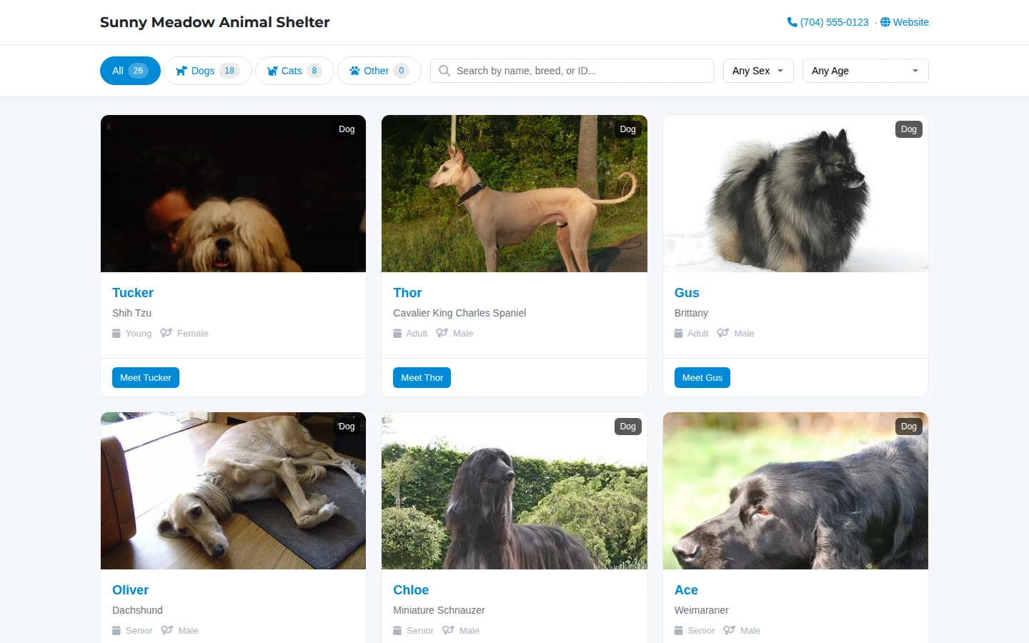 Public adoption portal showing adoptable animals with photos, filters, and Meet buttons